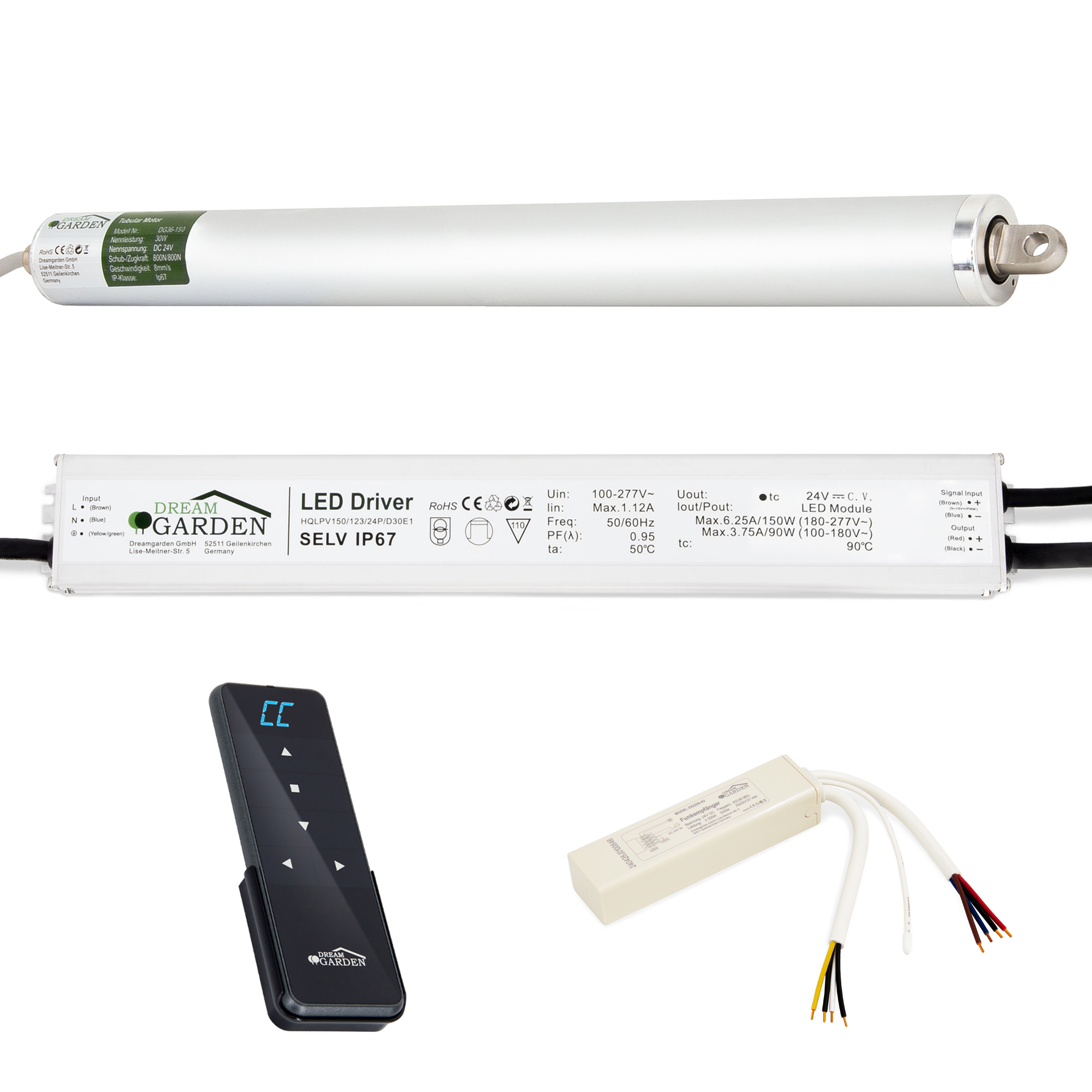 Dreamgarden Linearmotor DG 36-150 24V mit 150W LED Treiber, Funkempfnger &  16-Kanal Motor Fernbedienung | Pergolen - Terrassenberdachungen - Zune  und mehr